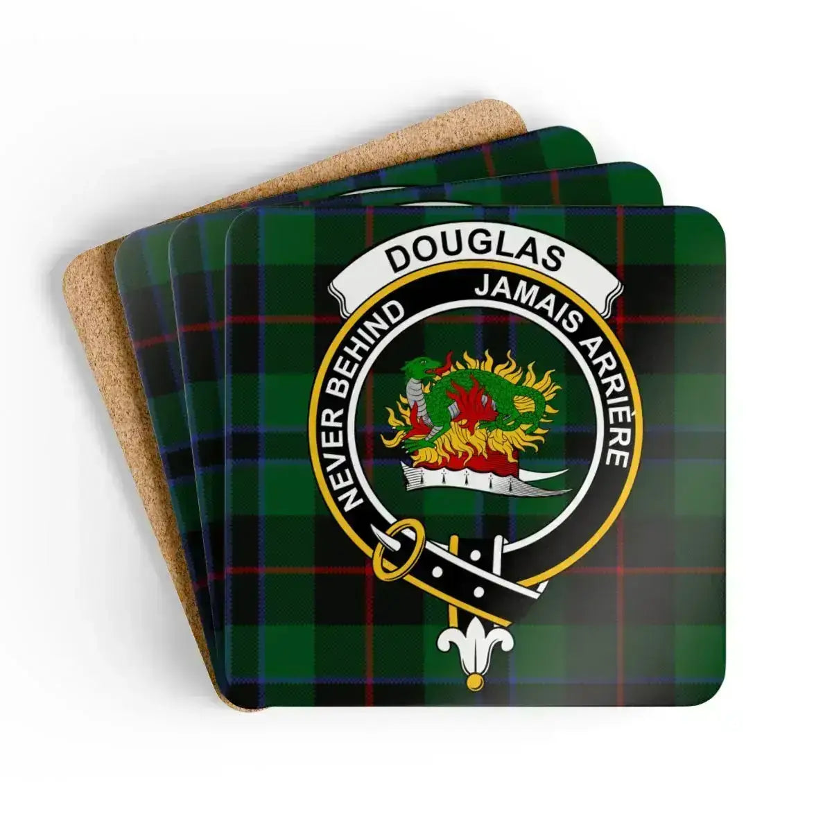 Douglas clan crest tartan coaster set of 4 — natural cork squares with sealed Jamais Arriere design