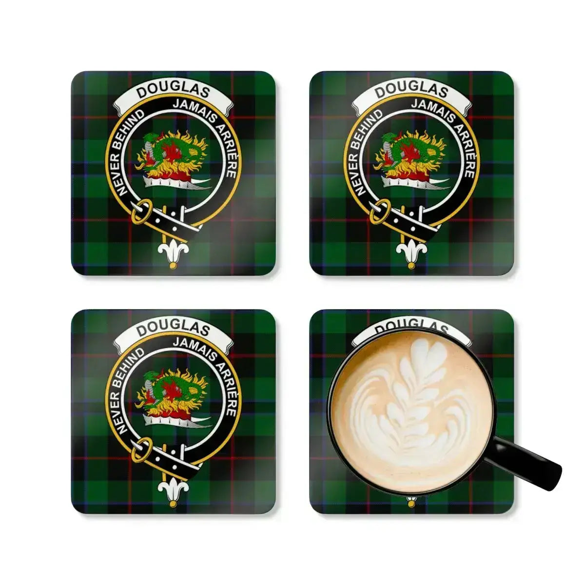 Douglas Never Behind Jamais Arriere coaster set — four cork coasters with clan crest design