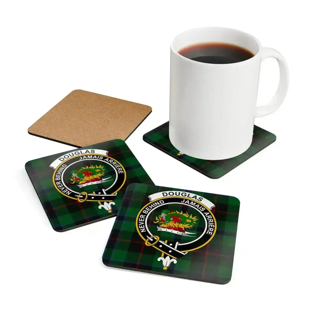 Douglas clan tartan coaster close-up — 3.75-inch corkwood with glossy sealed crest print