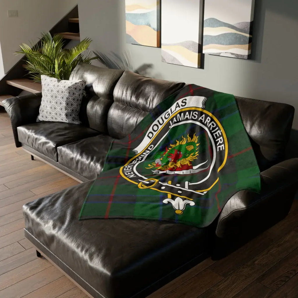 Douglas clan crest throw blanket on sofa — 50x60 polyester, Never Behind tartan design