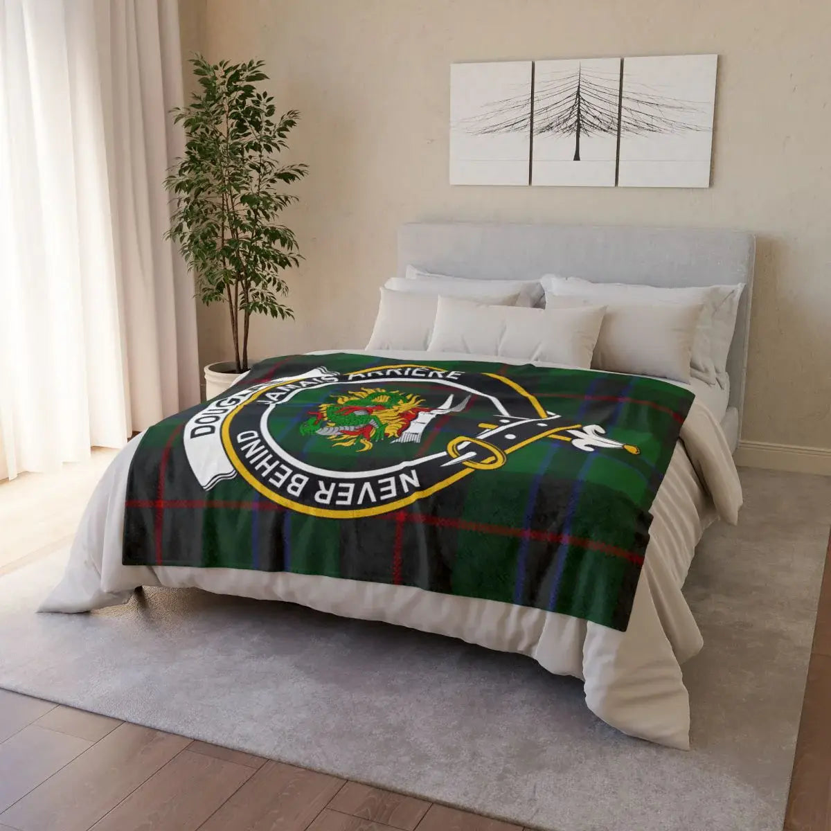 Douglas clan crest throw blanket folded — lightweight polyester, hemmed edges, cosy weight