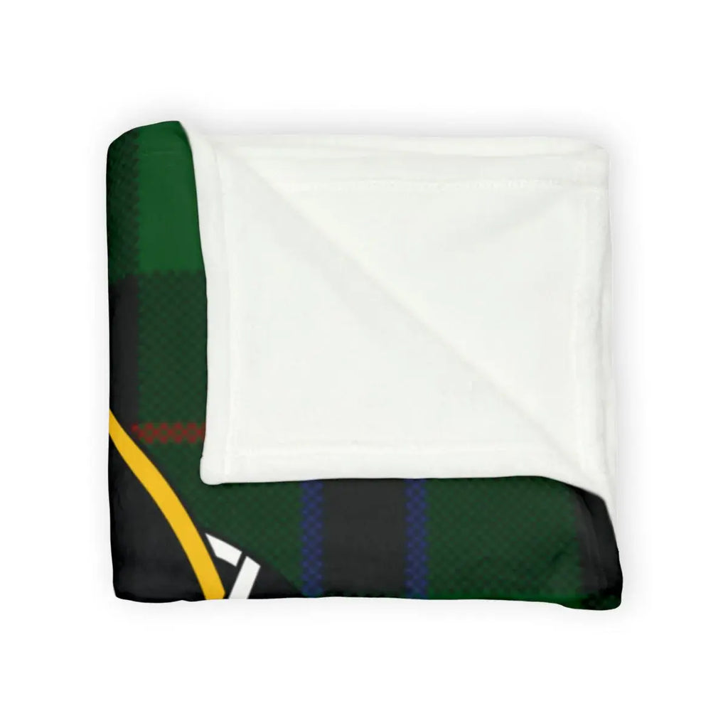 Douglas clan crest throw blanket laid flat — 100% polyester, 50x60, green and black plaid