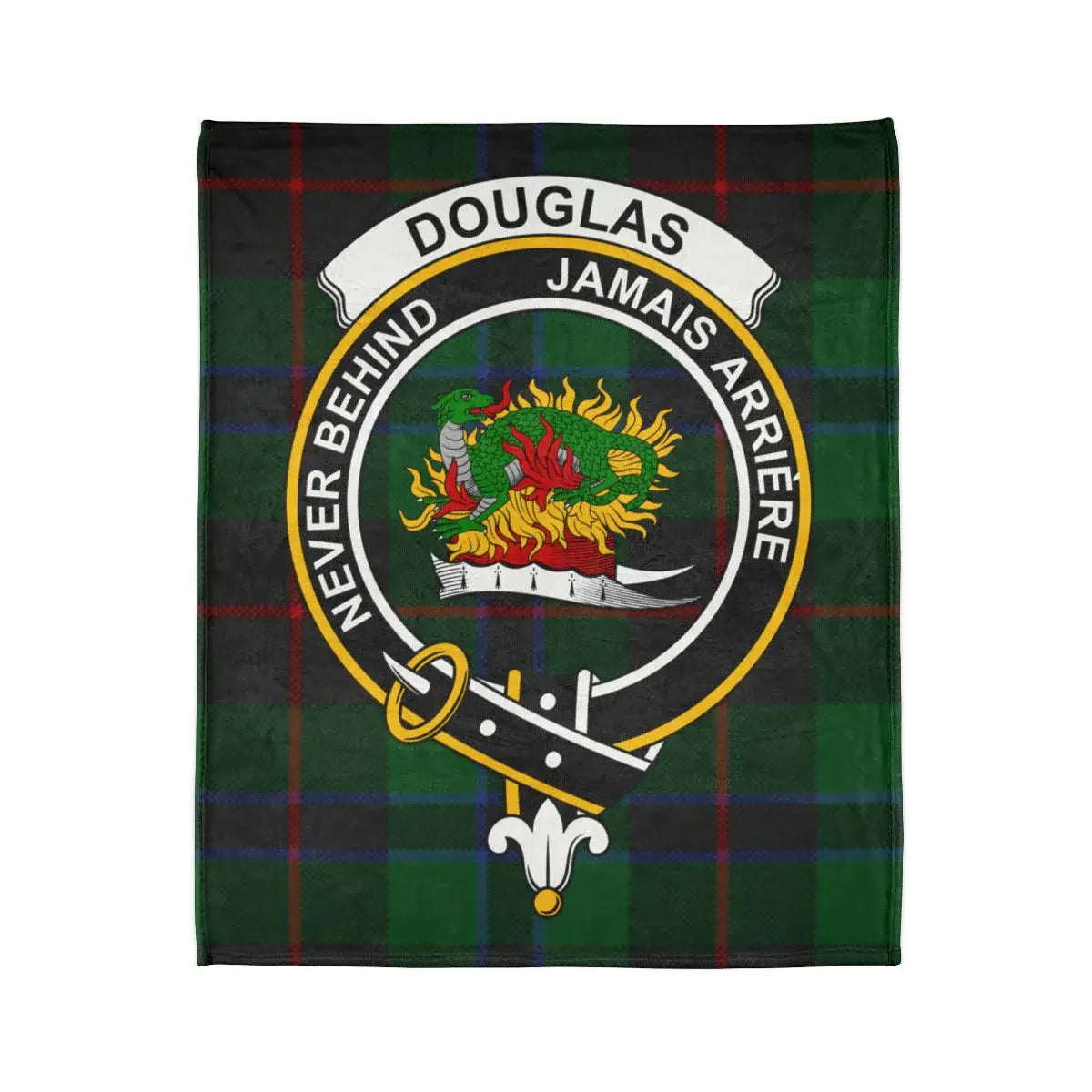 Douglas clan Never Behind crest design throw blanket — heraldic design on 50x60 polyester