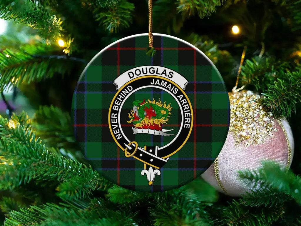 Douglas clan tartan ceramic ornament — 3-inch round glossy disc with crest and Jamais Arriere motto