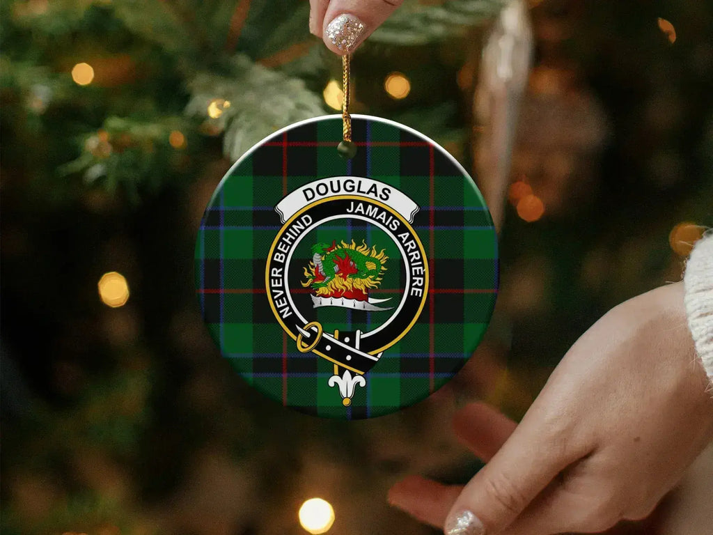Douglas Jamais Arriere ceramic ornament close-up — glossy finish, double-sided 3-inch disc
