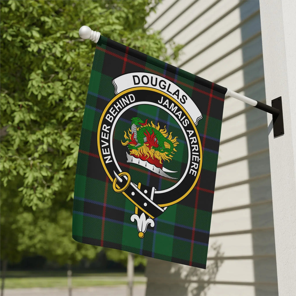 Douglas clan crest tartan garden flag 12x18 inches — poly poplin-canvas with Jamais Arriere design