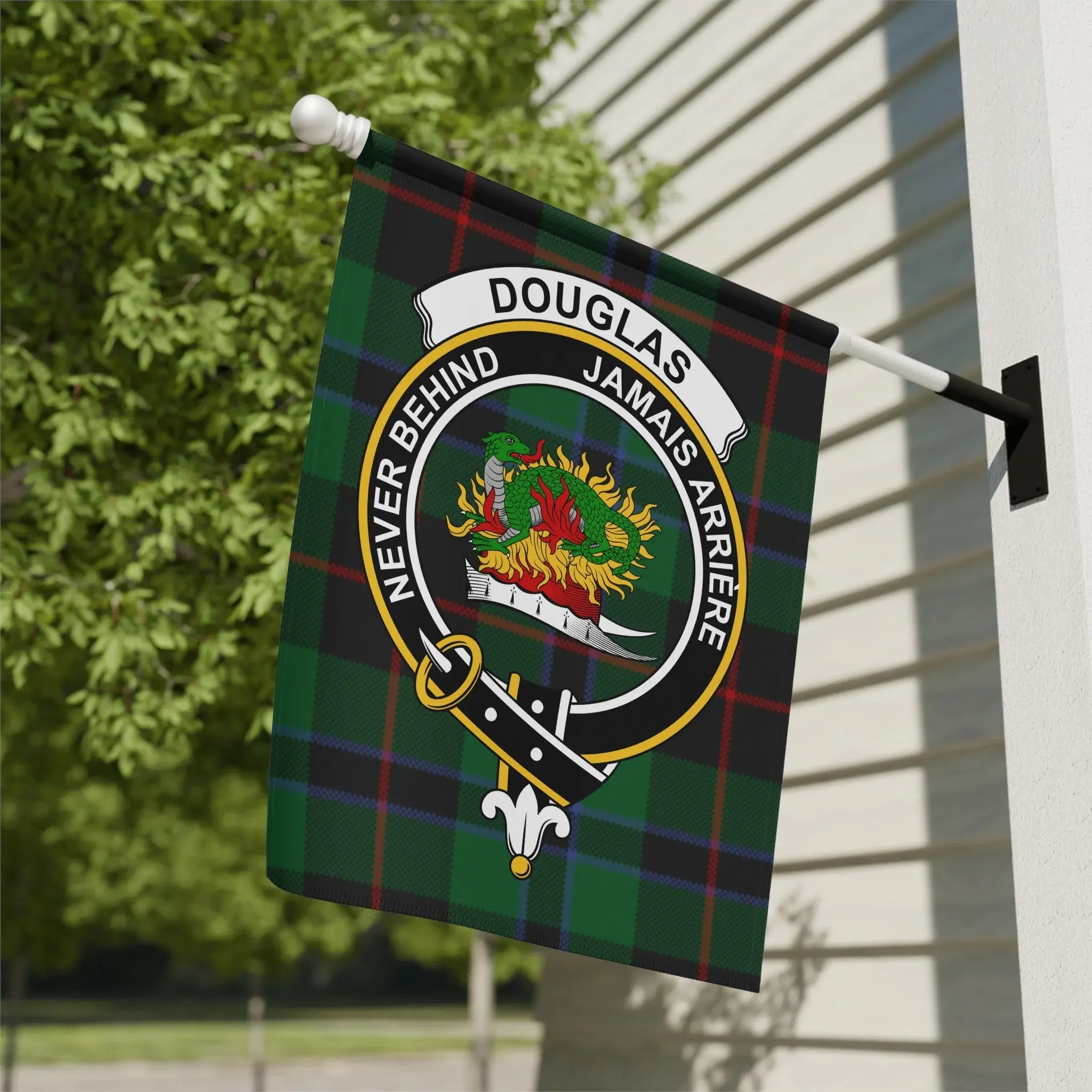 Douglas clan crest tartan garden flag 12x18 inches — poly poplin-canvas with Jamais Arriere design