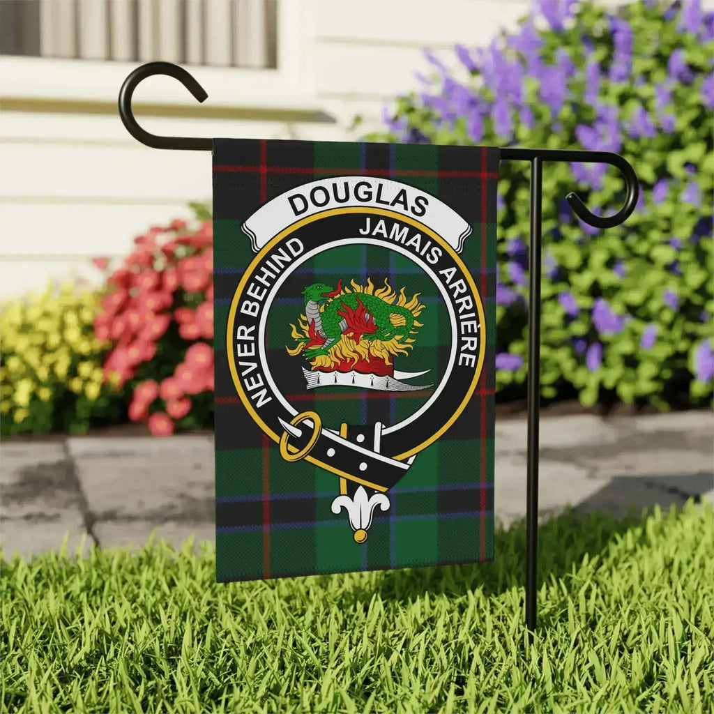 Douglas Never Behind tartan garden flag 24x32 inches — larger outdoor size with clan crest