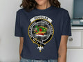 Douglas Never Behind Jamais Arriere graphic t-shirt in navy — clan crest on chest, unisex cotton
