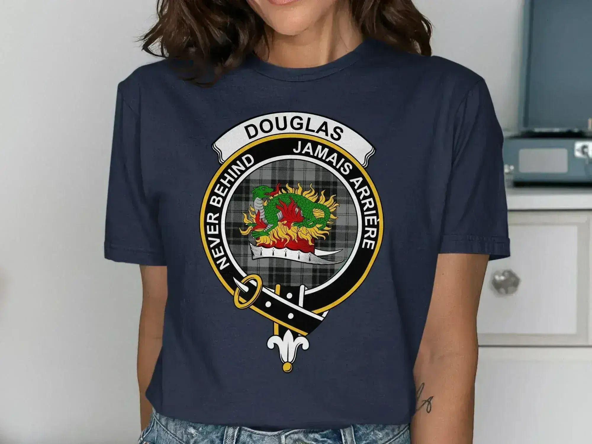Douglas Never Behind Jamais Arriere graphic t-shirt in navy — clan crest on chest, unisex cotton
