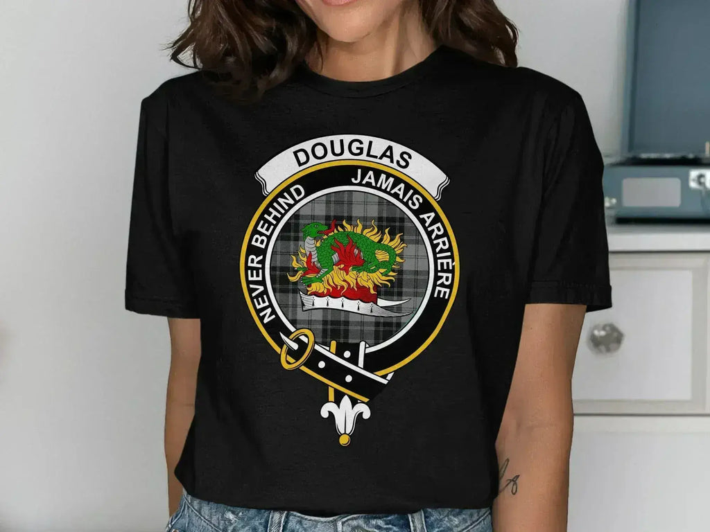 Douglas Jamais Arriere crest design t-shirt — clan heraldic on cotton, forest green