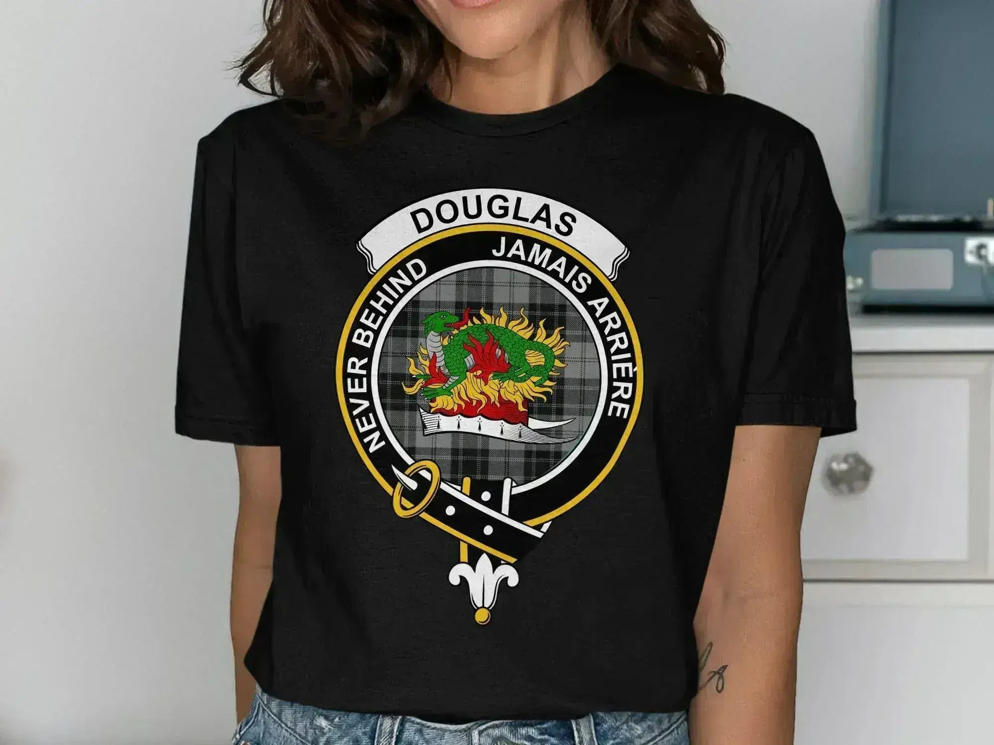 Douglas Jamais Arriere crest design t-shirt — clan heraldic on cotton, forest green