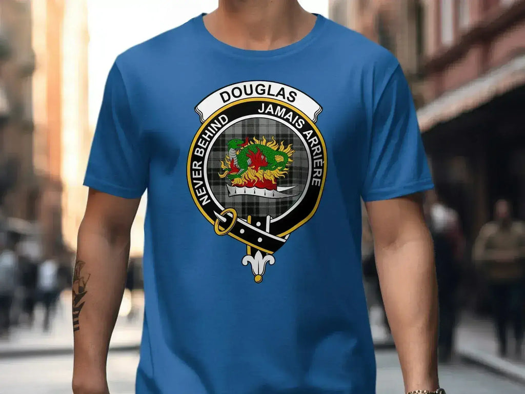 Douglas clan crest t-shirt front view — tartan heraldic design with Never Behind motto