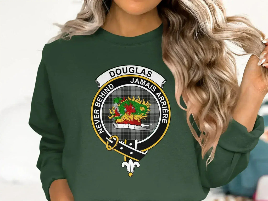 Douglas clan crest sweatshirt — Jamais Arriere Never Behind heraldic design on fleece fabric
