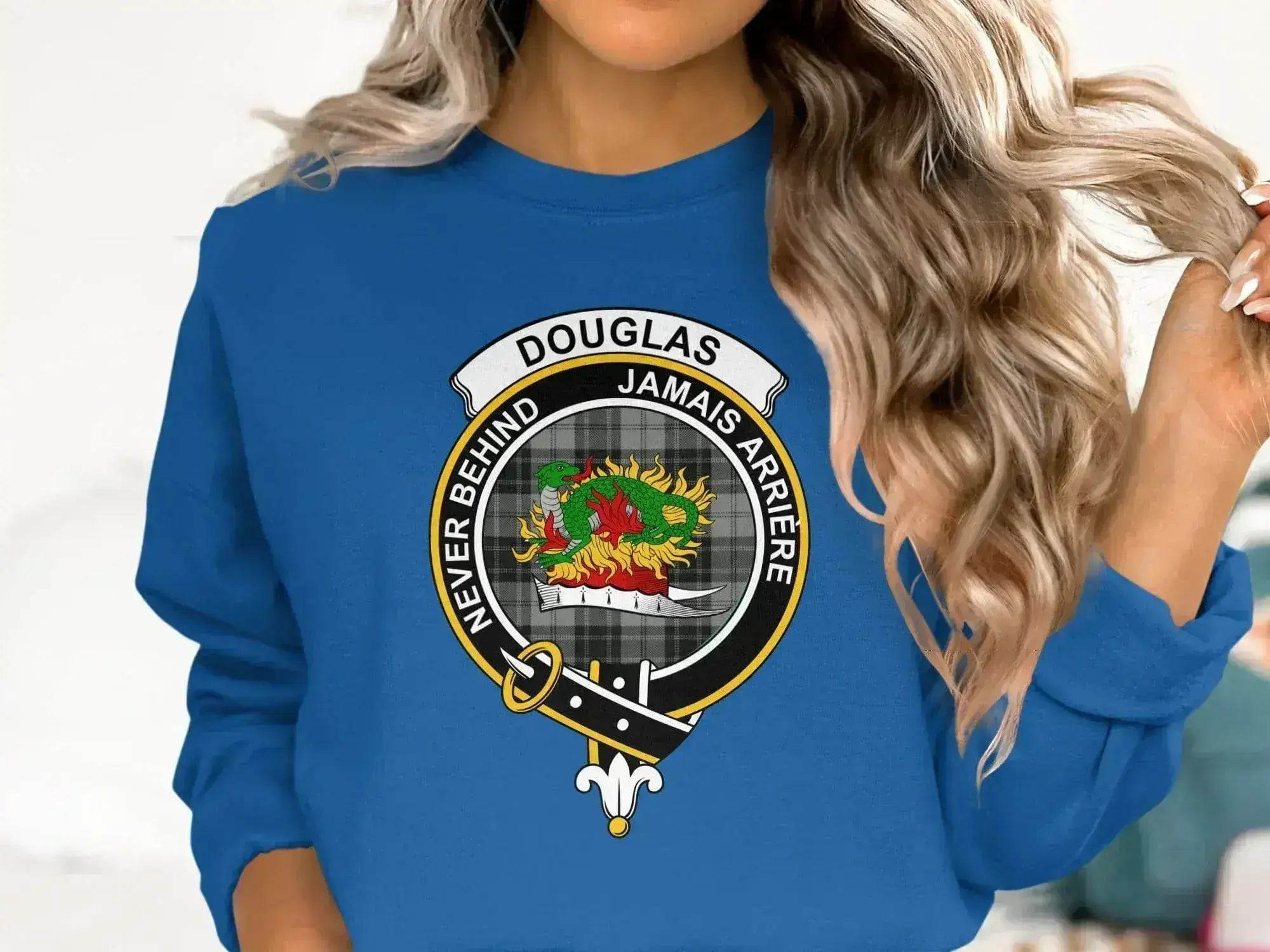 Douglas clan crest badge sweatshirt — Never Behind heraldic design on fleece