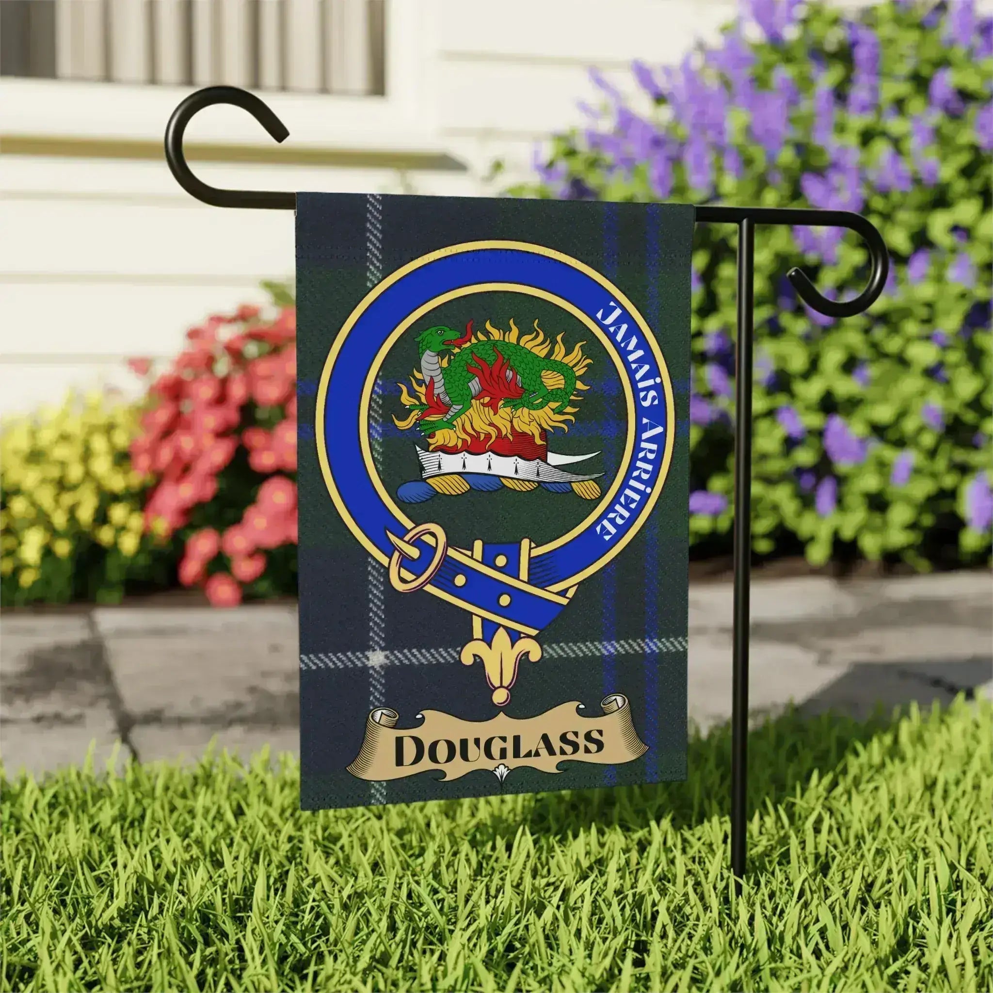 Douglass clan crest tartan outdoor banner 24x32 inches — larger outdoor size, both sides printed