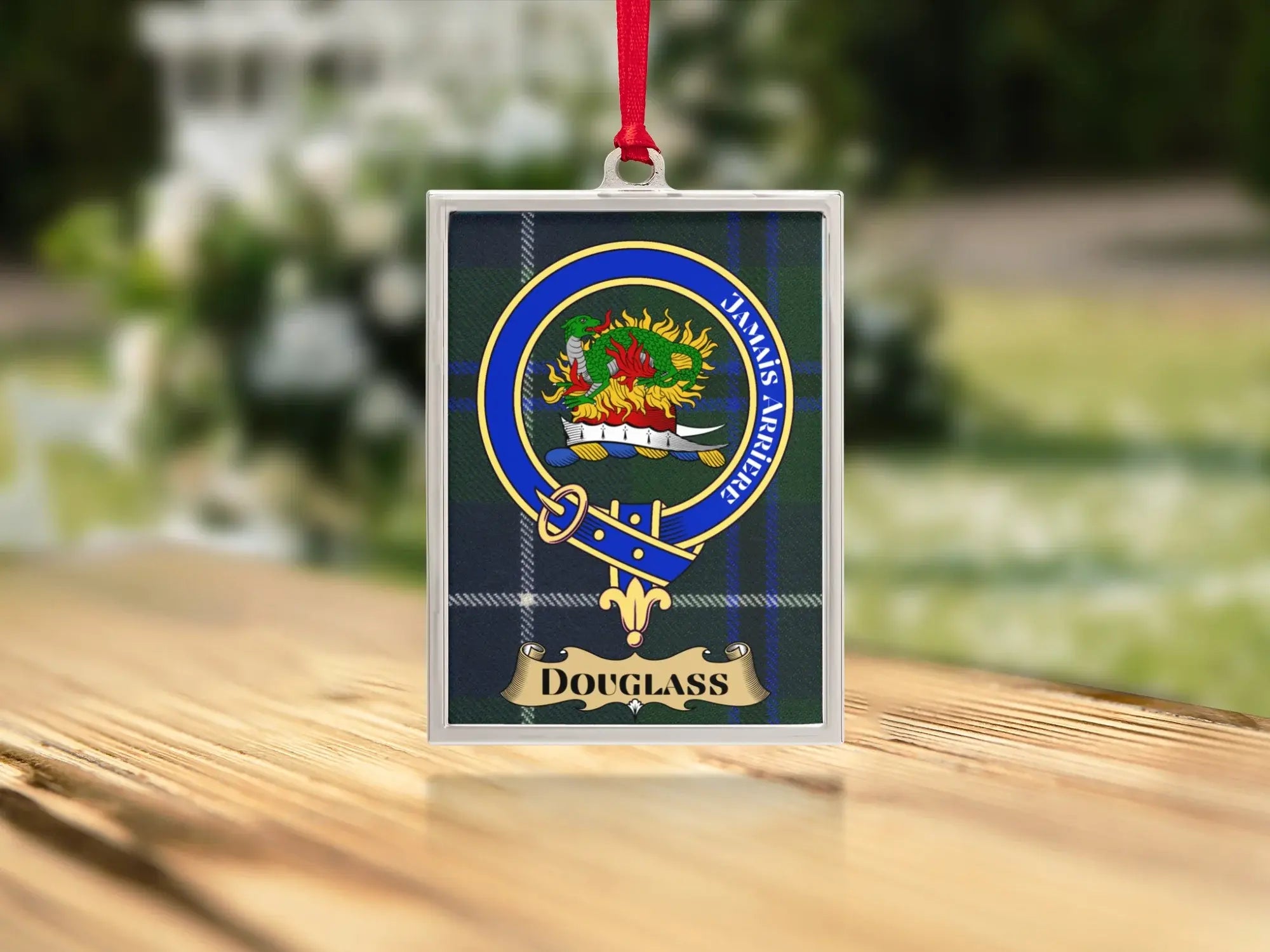 Douglass clan Scottish tartan ornament — clan crest design on portrait frame, ready to hang