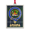 Douglass clan crest plaid pattern hanging ornament — polished metal frame with satin ribbon