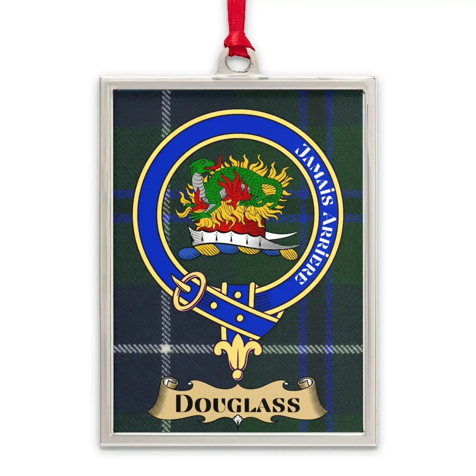 Douglass clan crest plaid pattern hanging ornament — polished metal frame with satin ribbon