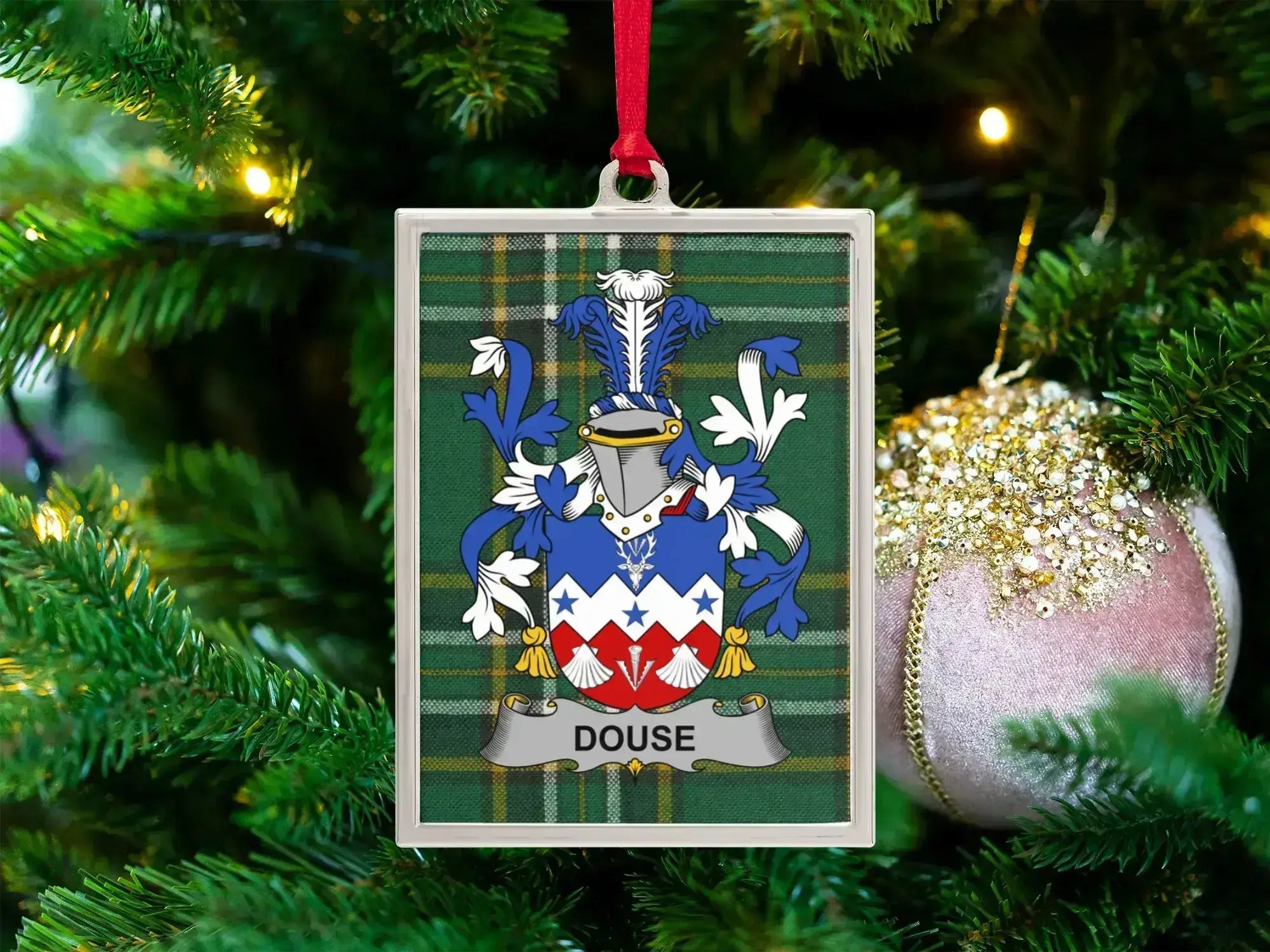 Douse Family Crest Green Tartain Pattern Ornament product