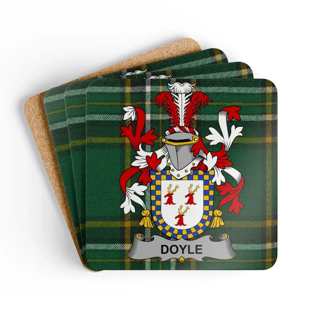 Doyle Irish family crest coaster set on the Irish National Tartan