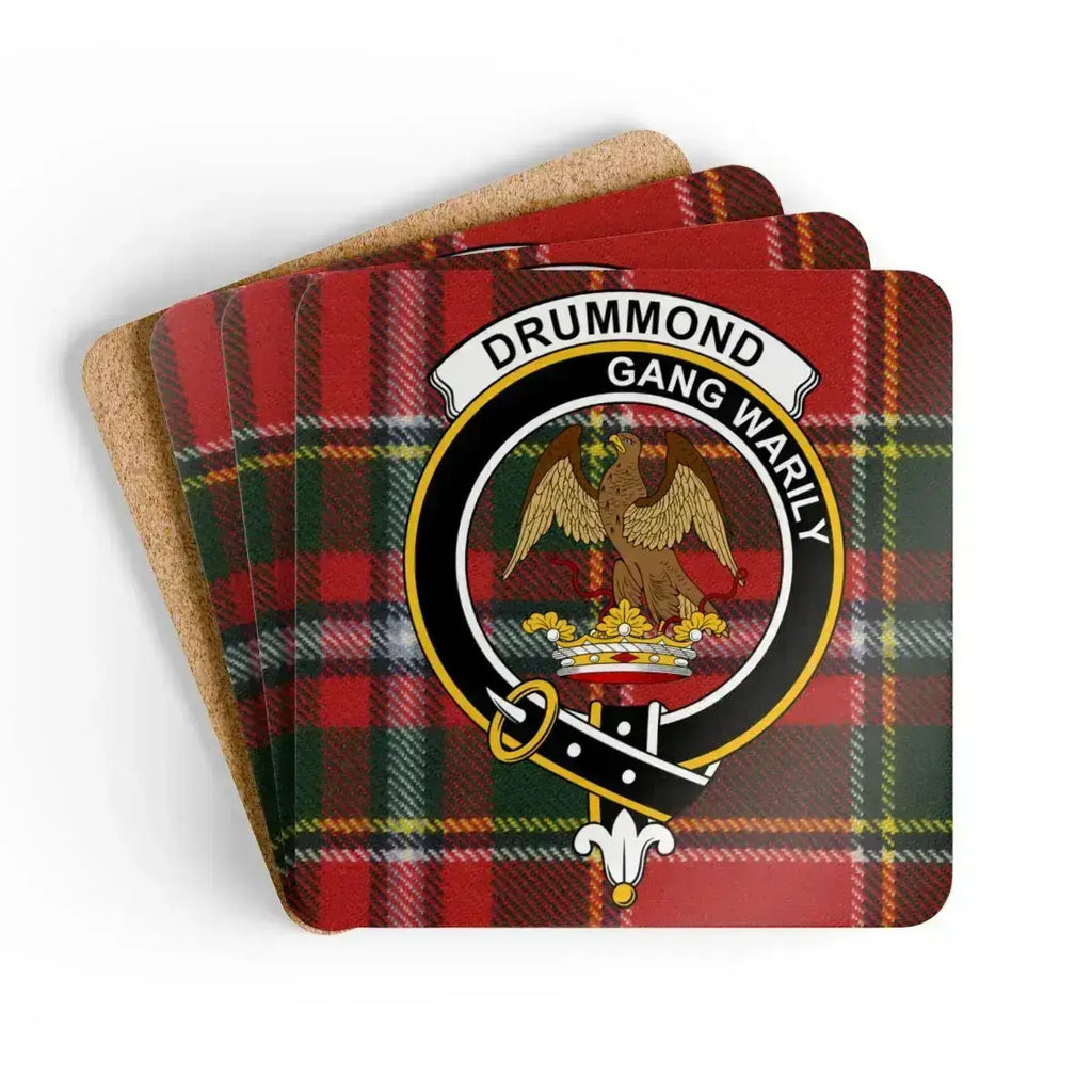 Drummond clan crest tartan coaster set of 4 — natural cork squares with sealed Gang Warily eagle design