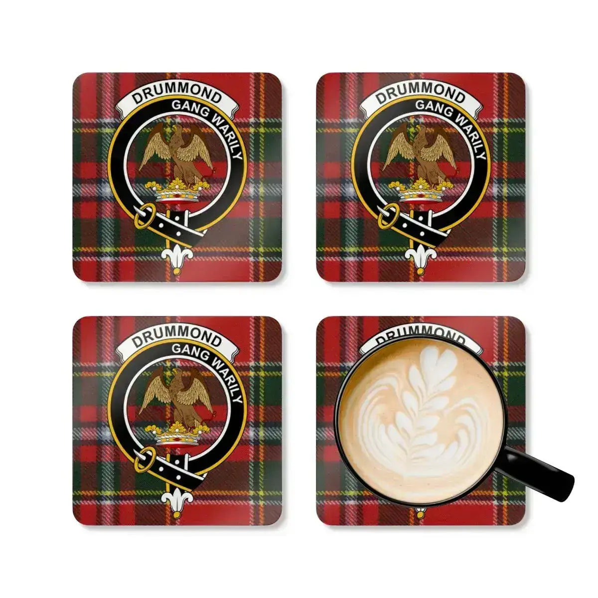 Drummond Gang Warily crest plaid coaster set — four cork coasters with clan heraldic design