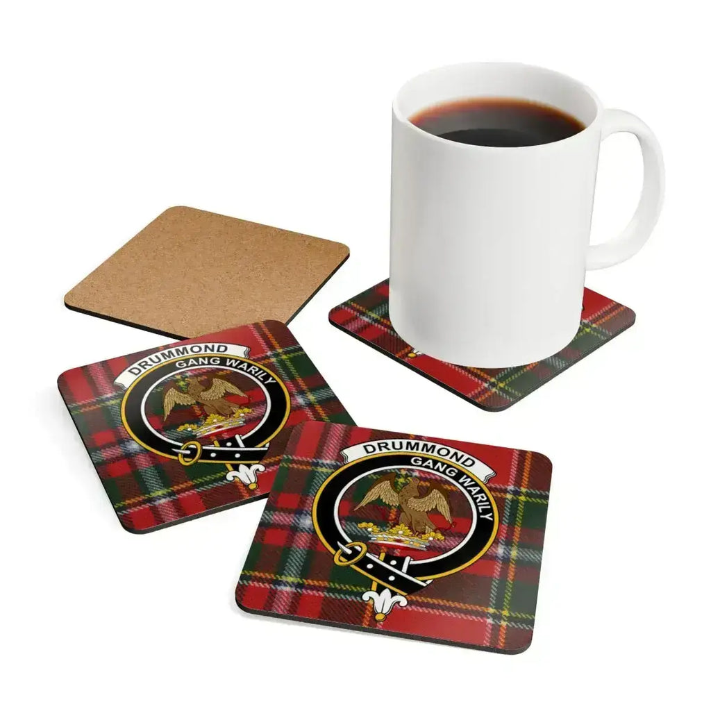 Drummond Gang Warily tartan plaid coasters — 3.75-inch corkwood with glossy sealed crest print