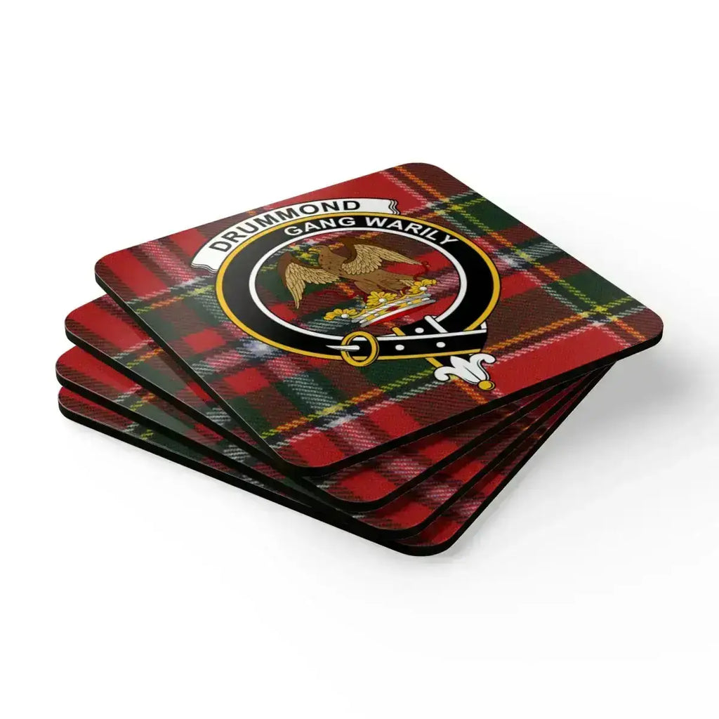 Drummond clan tartan crest coaster set — four natural cork squares with eagle heraldic design