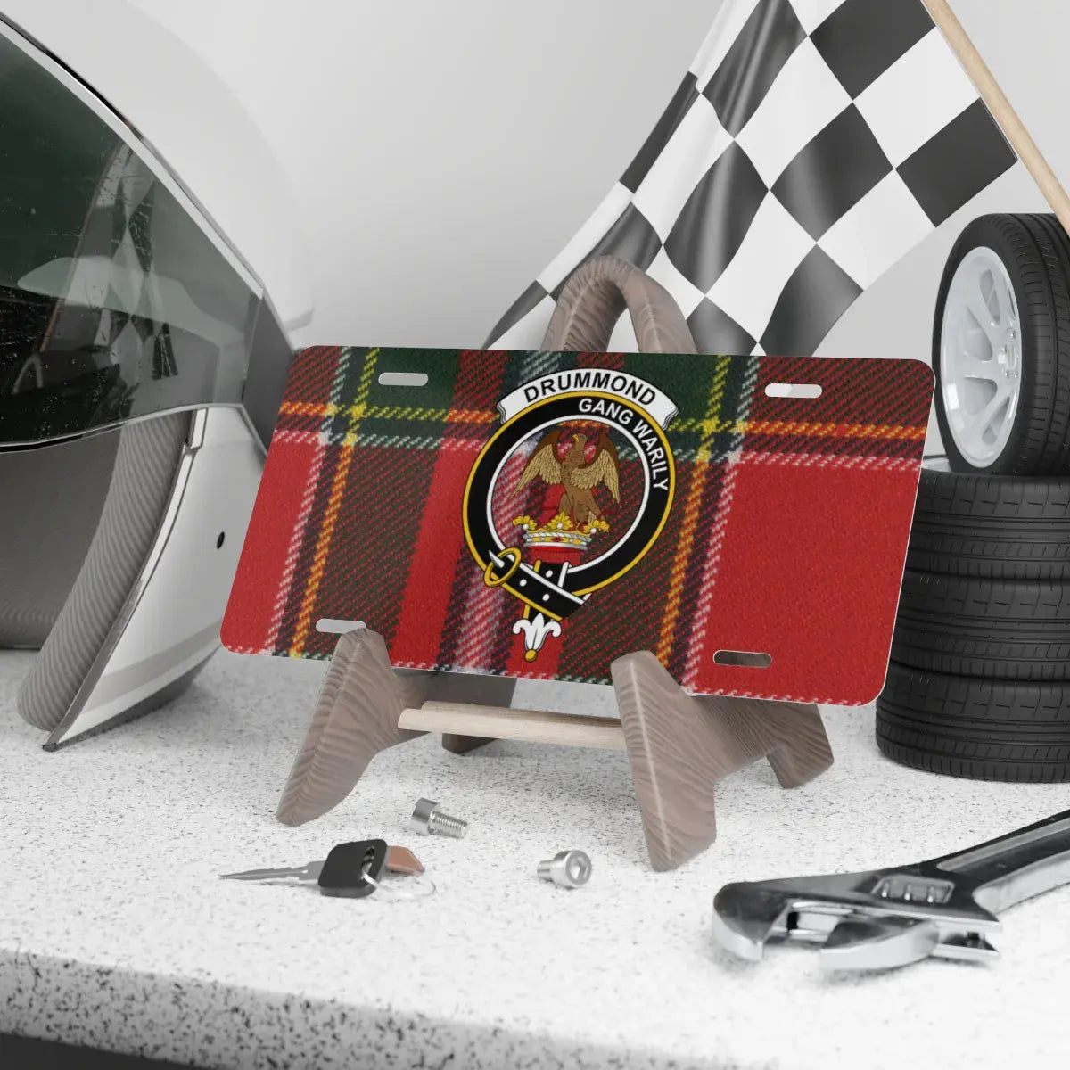 Drummond clan crest novelty license plate — 12x6 aluminium with Gang Warily red plaid design