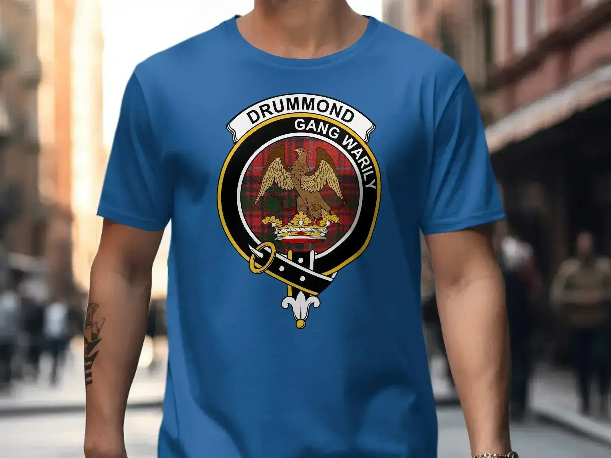 Drummond clan crest emblem t-shirt front view — eagle and royal crown with Gang Warily motto