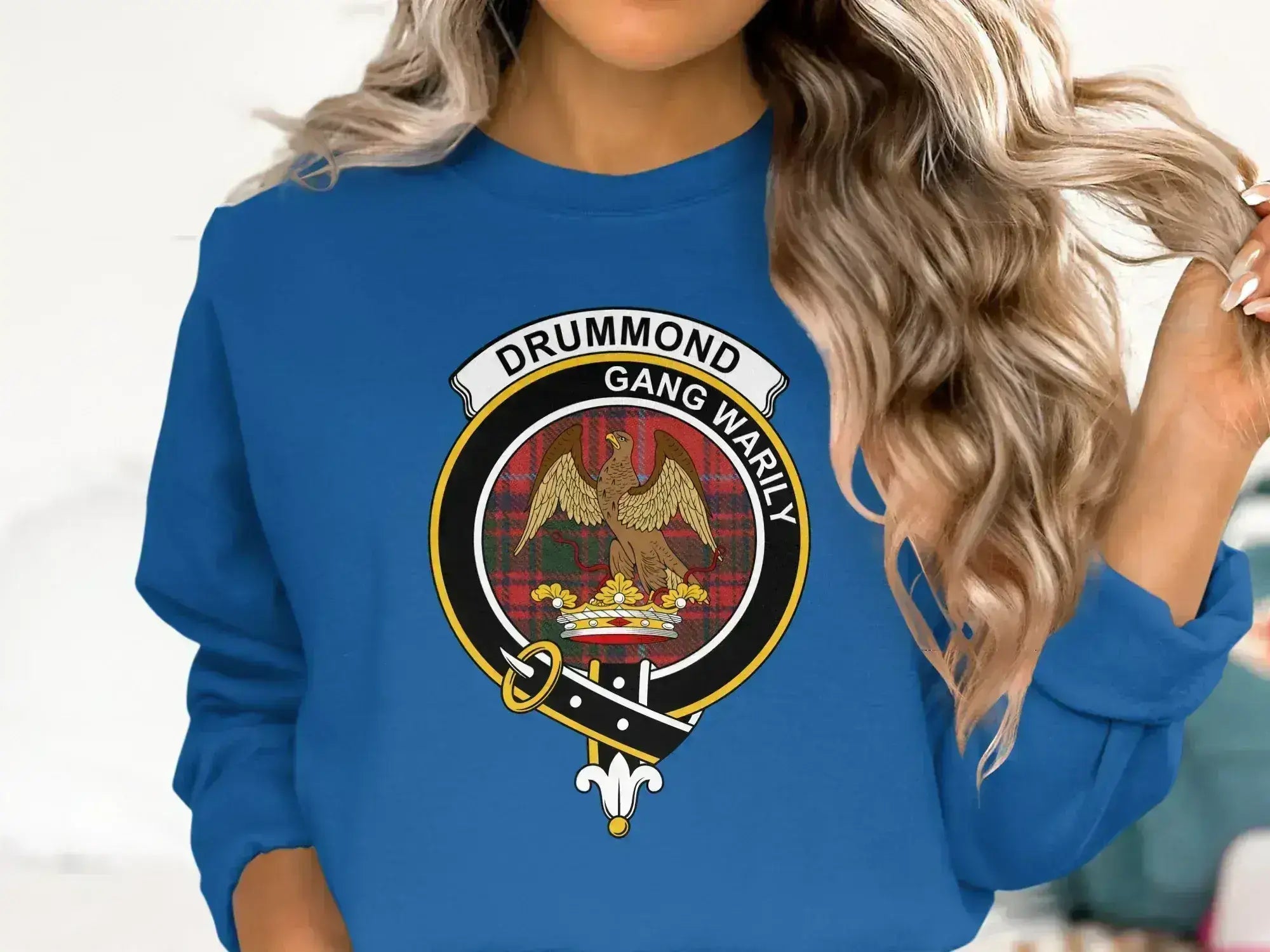 Drummond clan crest sweatshirt in royal blue — Go Carefully eagle design on fleece
