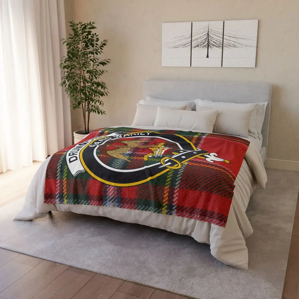 Drummond clan crest throw blanket folded — lightweight polyester, hemmed edges, cosy weight