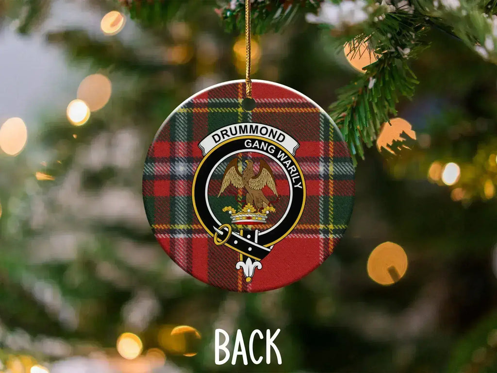 Drummond Gang Warily plaid circle ornament — 3-inch ceramic disc, gold hanging string