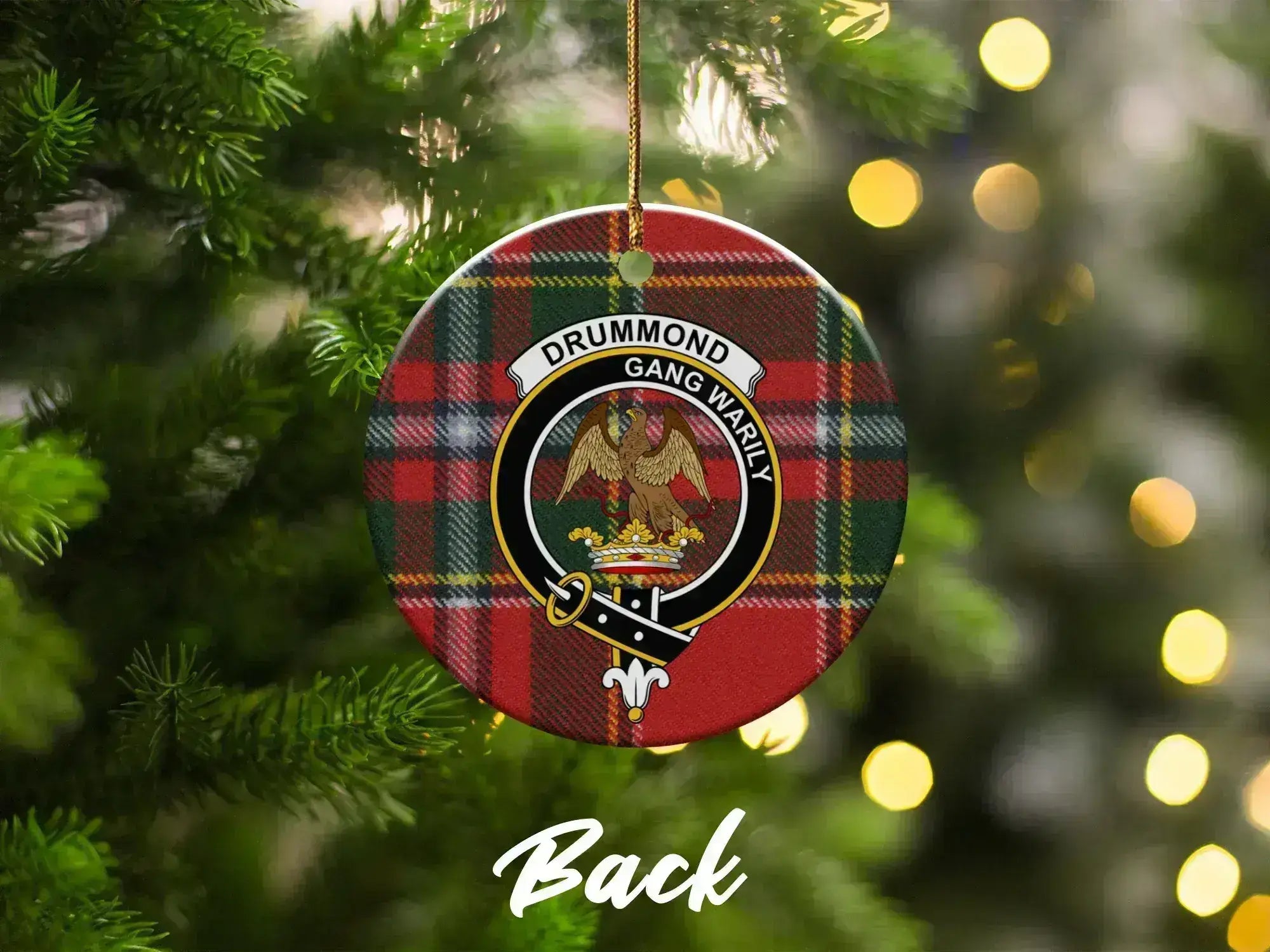 Drummond clan crest tartan Christmas ornament — eagle heraldic design on 3-inch glazed ceramic
