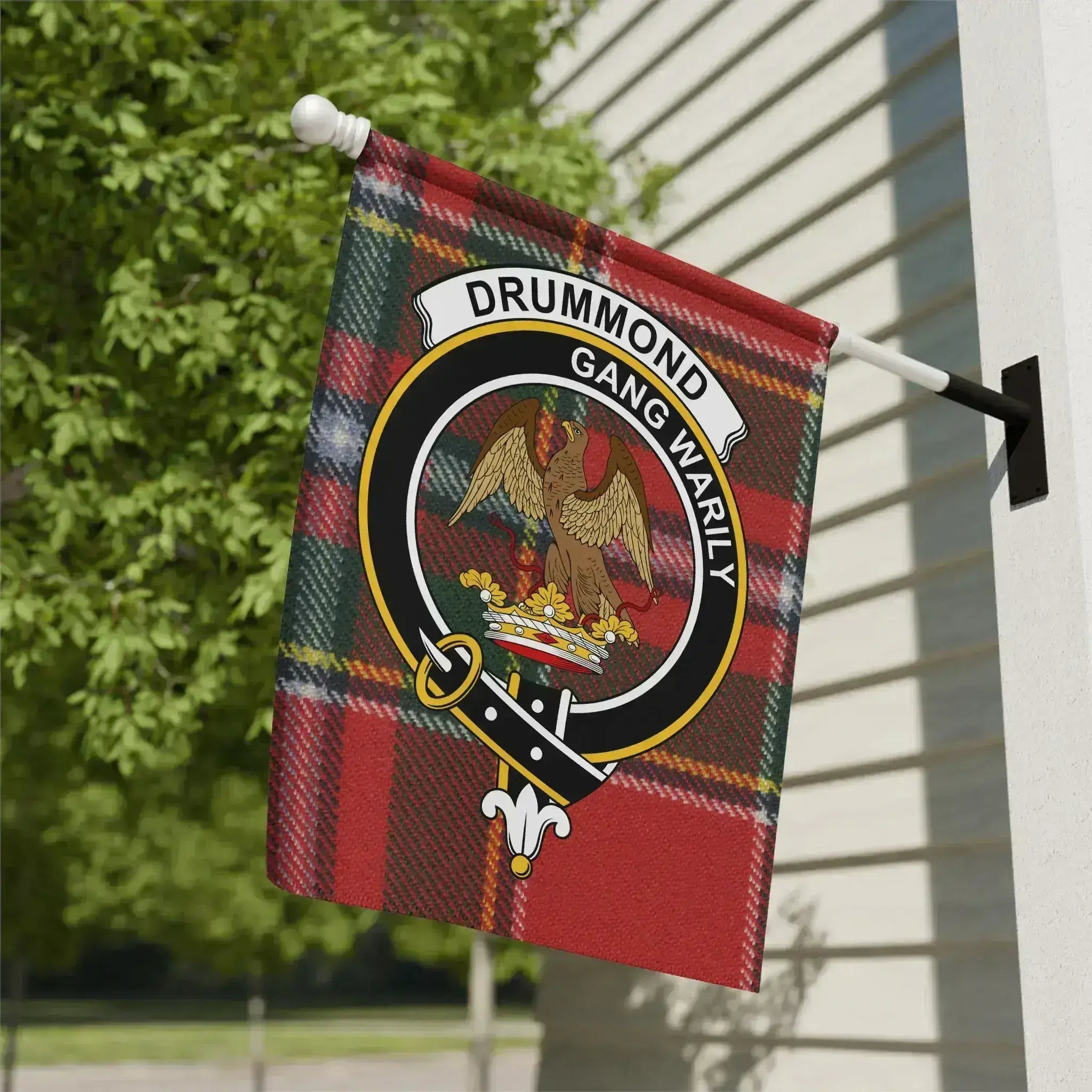 Drummond clan crest tartan garden flag 12x18 inches — poly poplin-canvas with Gang Warily eagle design