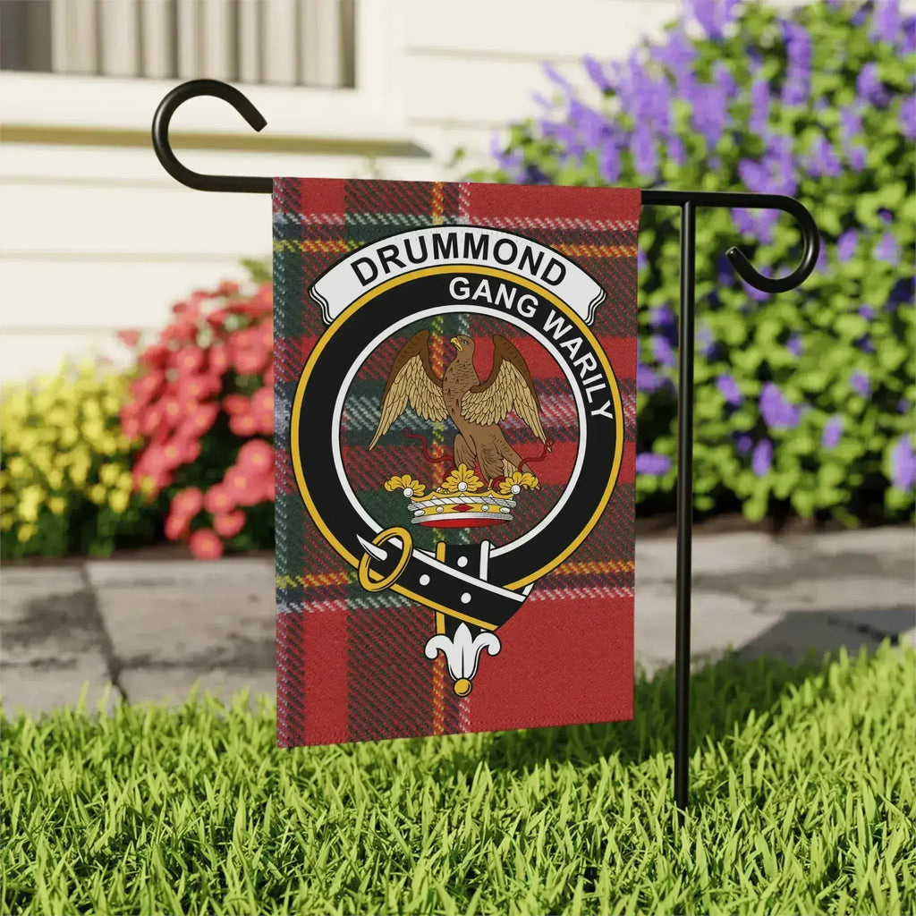 Drummond Gang Warily tartan garden flag 24x32 inches — larger outdoor size with clan crest