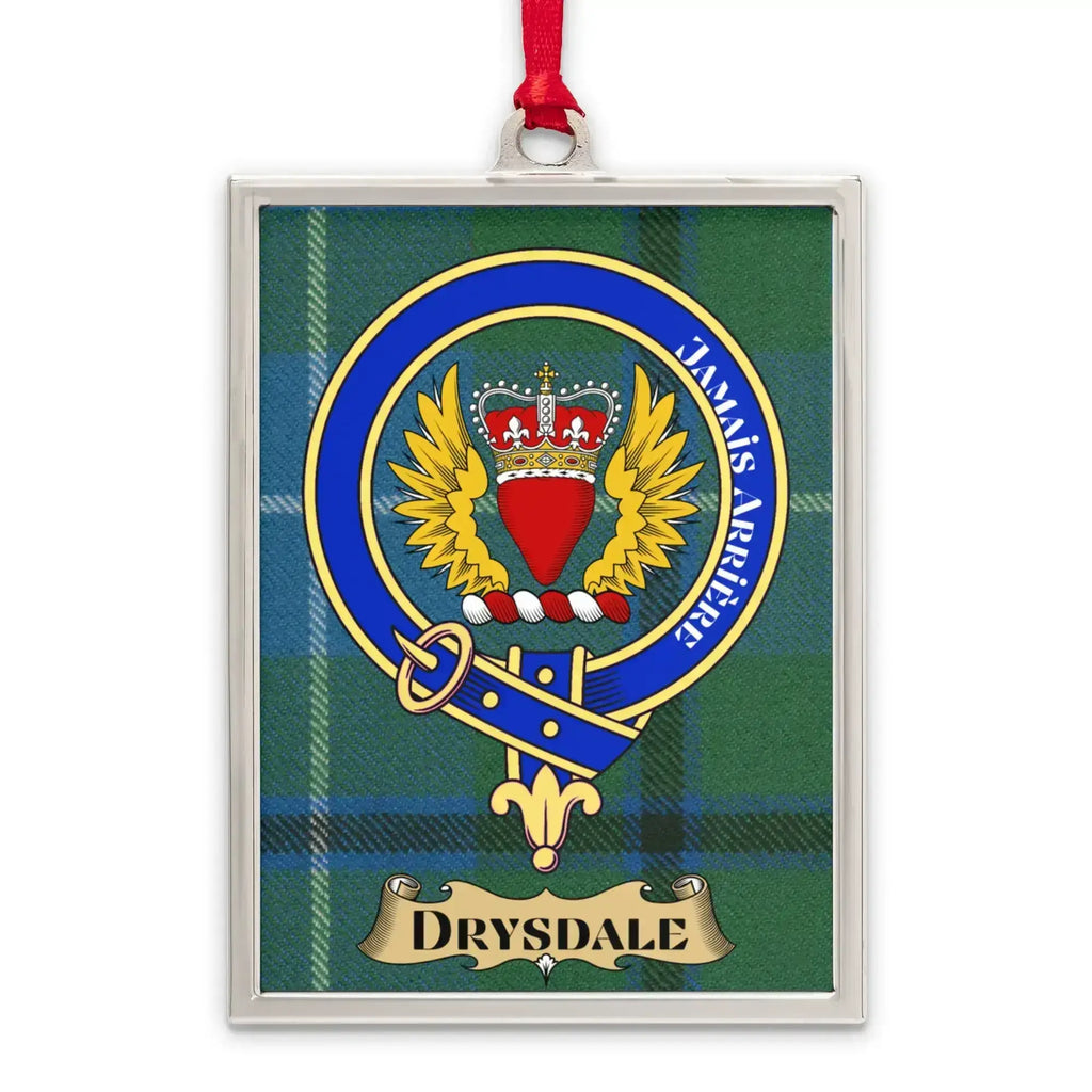 Drysdale tartan-background crest ornament shown as a Scottish heritage keepsake gift