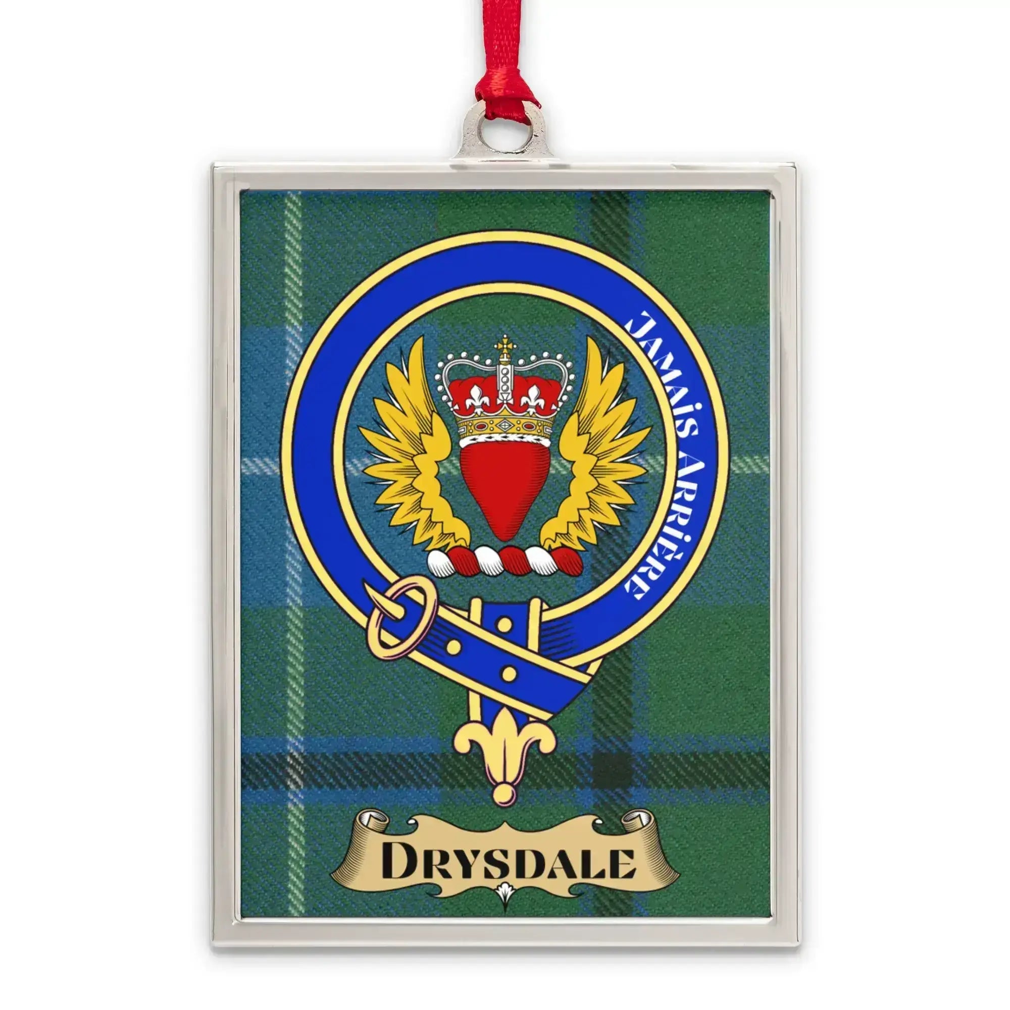 Drysdale tartan-background crest ornament shown as a Scottish heritage keepsake gift