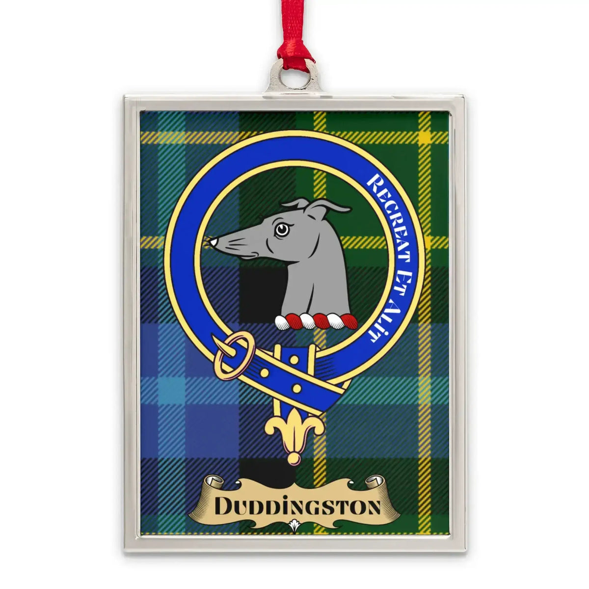 Duddingston tartan-background crest ornament shown as a Scottish heritage keepsake gift