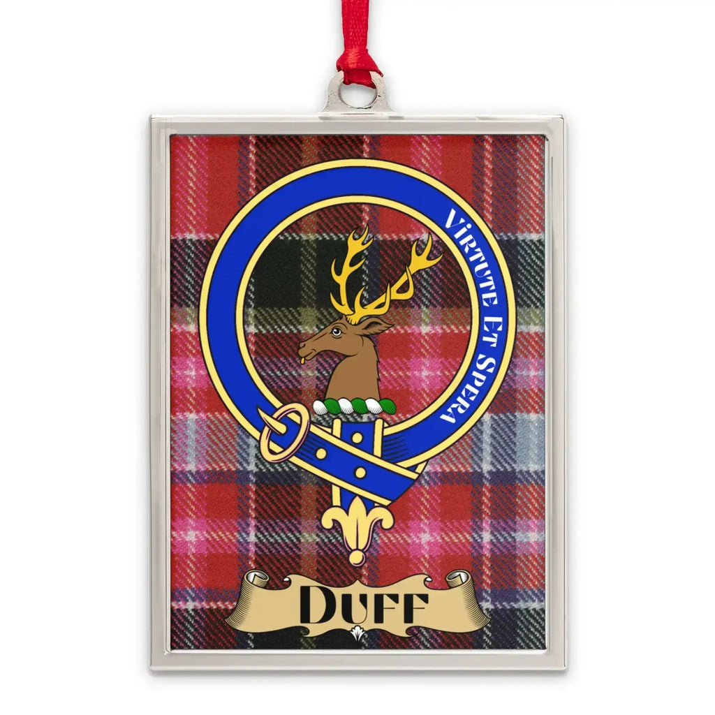 Duff tartan-background crest ornament shown as a Scottish heritage keepsake gift