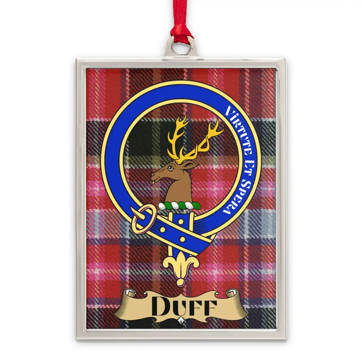 Duff tartan-background crest ornament shown as a Scottish heritage keepsake gift