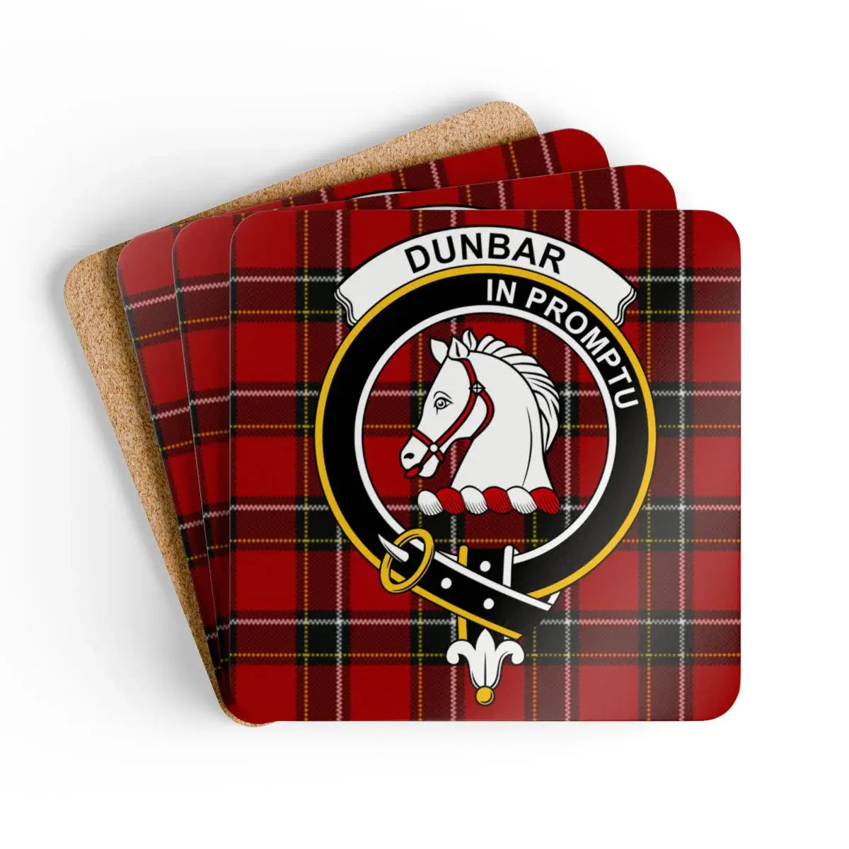 Clan Dunbar tartan coaster set — square cork, full-colour crest print, top view