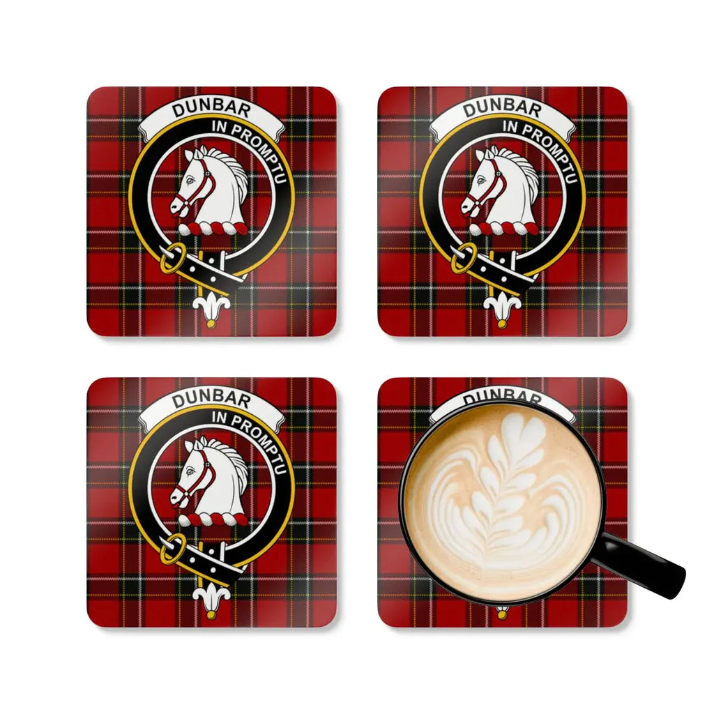 Dunbar Scottish clan crest coasters — glossy finish showing tartan and motto In Promptu