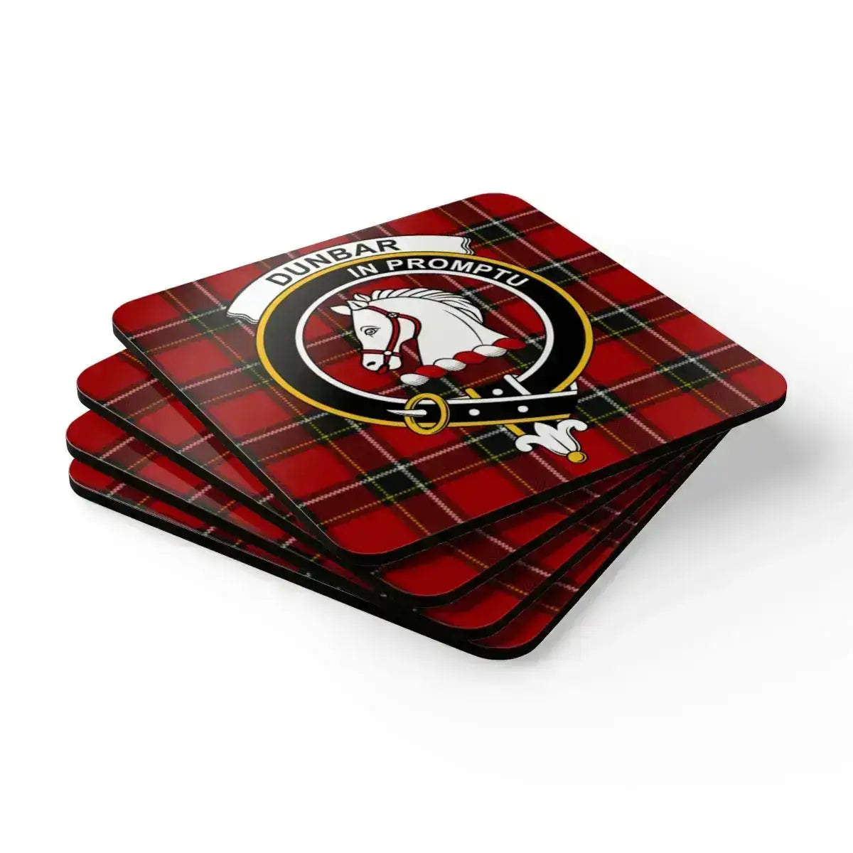 Dunbar coaster set angled view — natural cork base, full-colour clan tartan and crest print