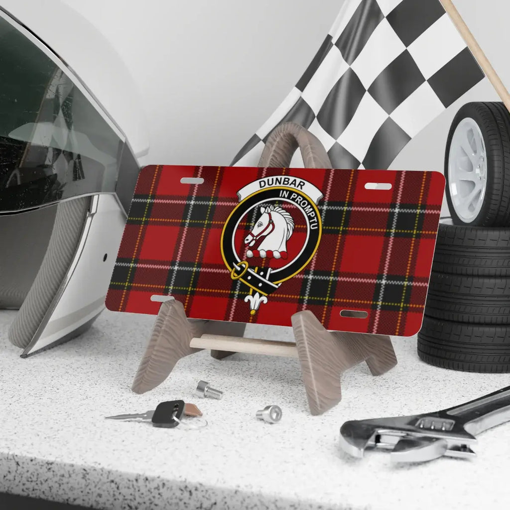 Clan Dunbar tartan novelty license plate — 12x6 aluminium, crest and motto In Promptu