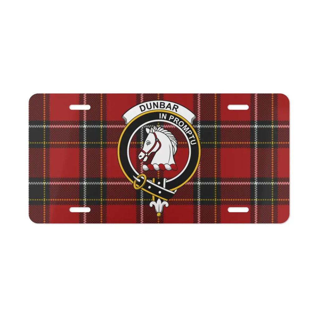 Clan Dunbar Scottish tartan license plate — full-colour crest print, aluminium, wall display