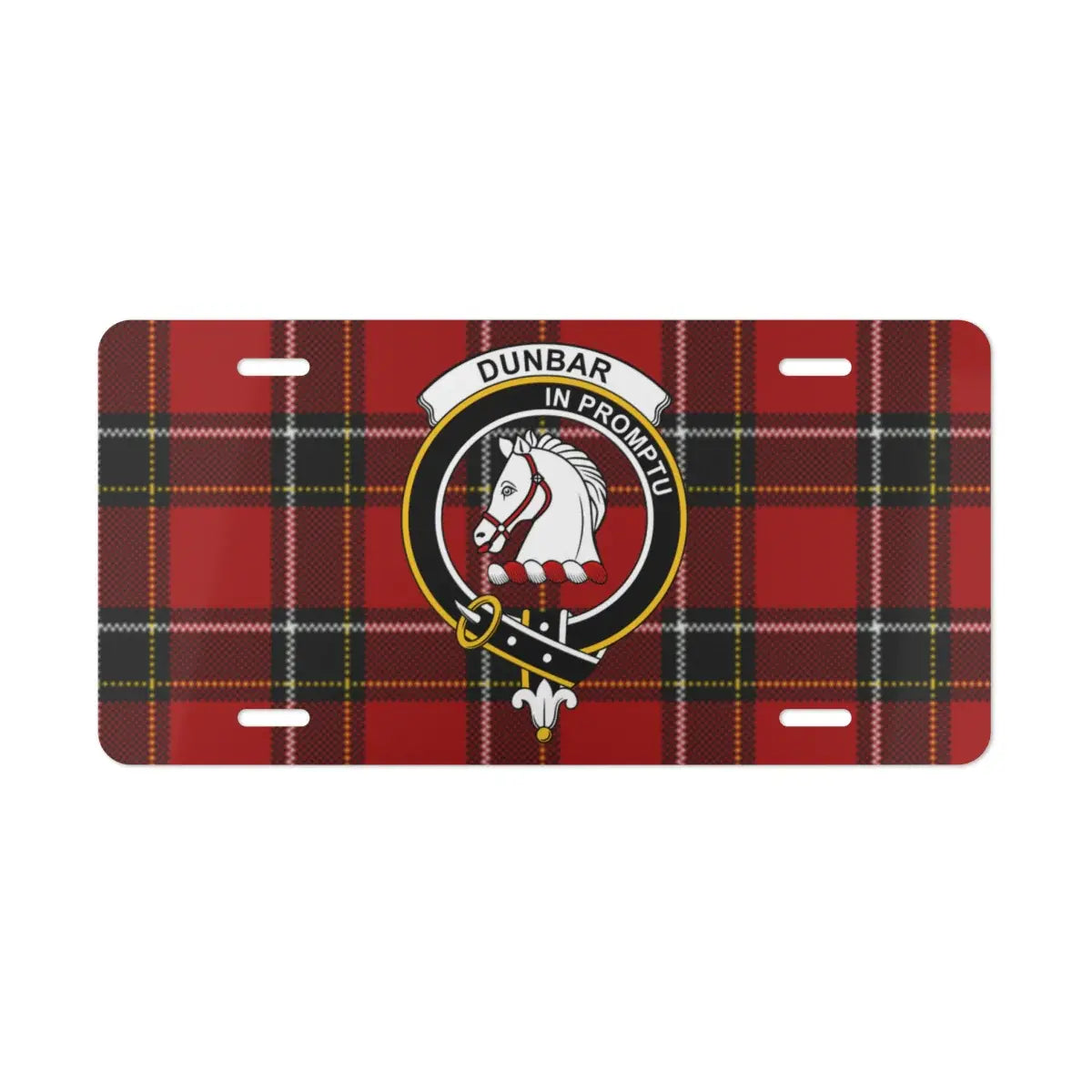 Clan Dunbar Scottish tartan license plate — full-colour crest print, aluminium, wall display
