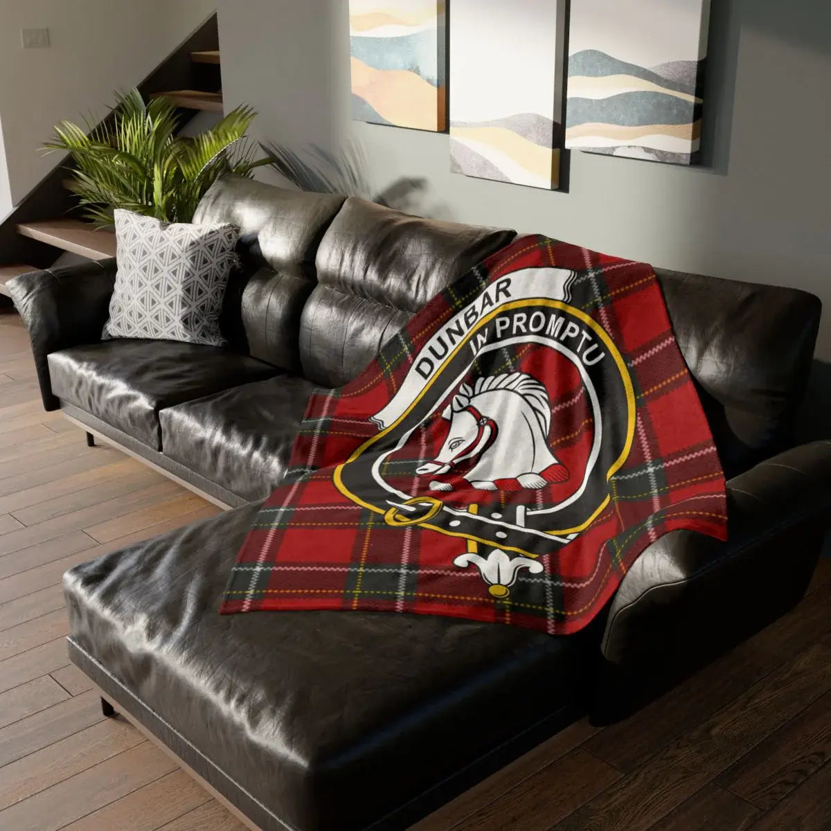 Clan Dunbar tartan throw blanket — 50x60 printed polyester, crest and motto In Promptu on front