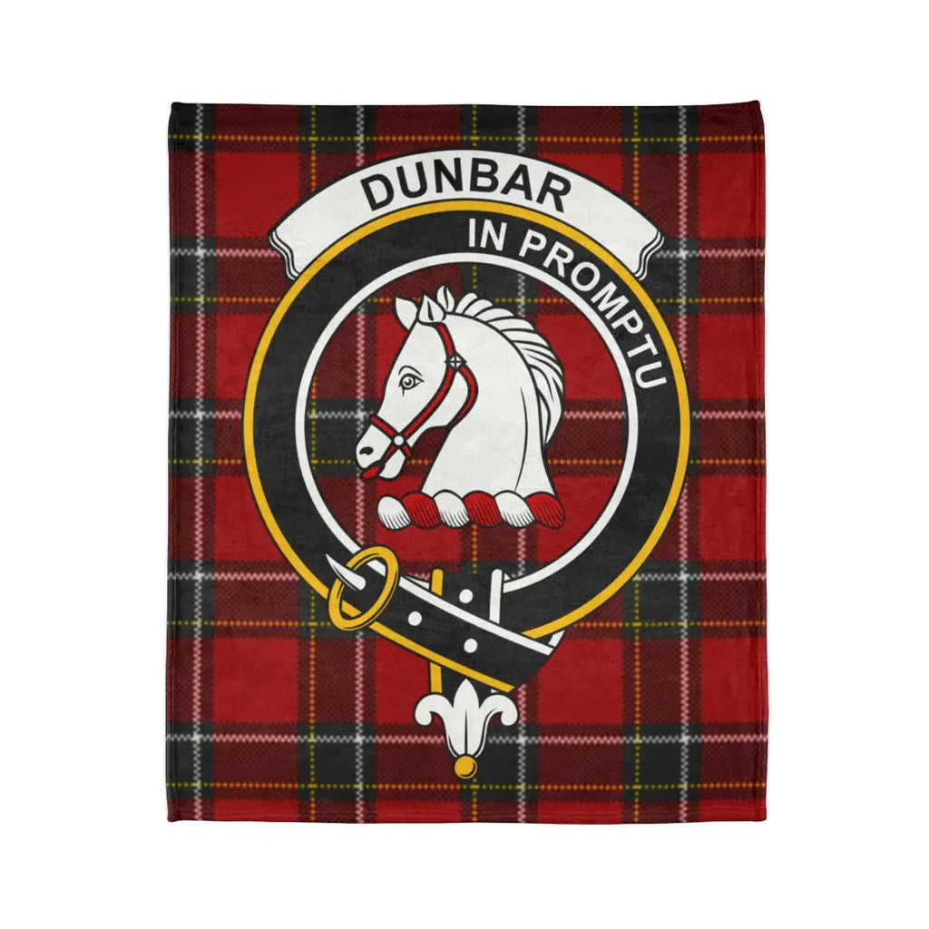 Dunbar tartan throw blanket close-up — crest and motto In Promptu in full colour, clan tartan
